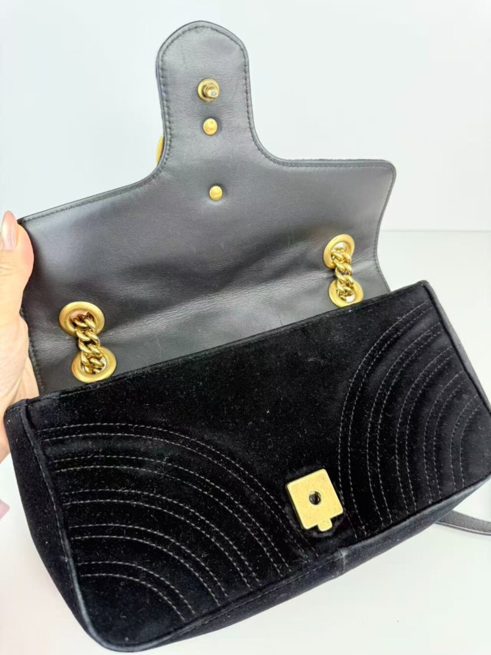 Gucci GG Marmont Small Black Velvet Matelassé Shoulder Crossbody Chain Bag - Picture 12 of 13